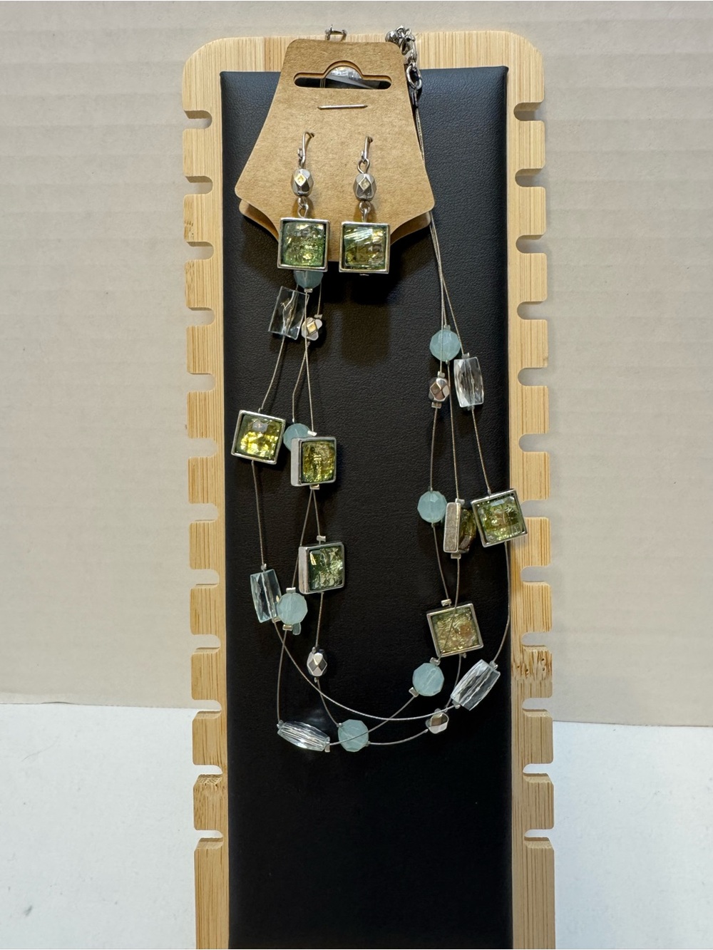Multi-Strand Green Crystal Square Pendant Necklace and Earrings Set